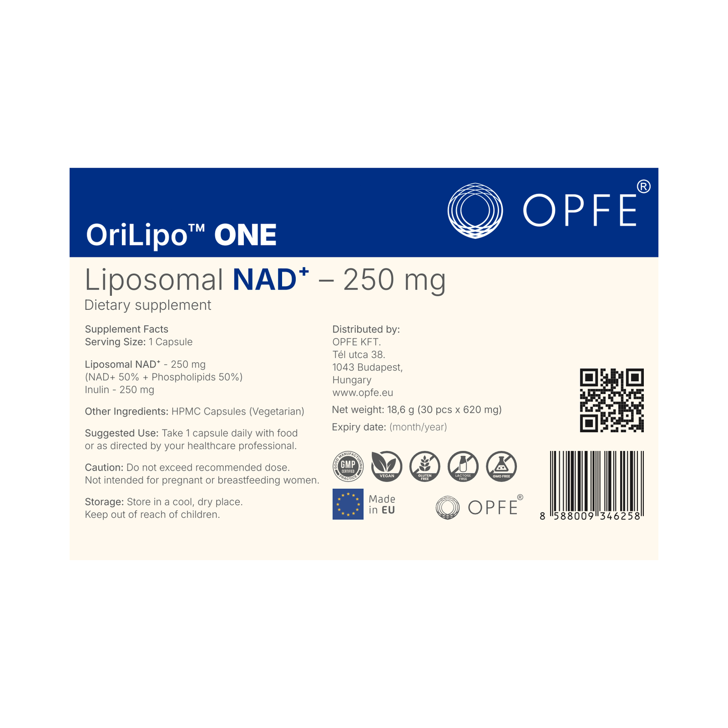 OriLipo™ ONE Liposzómás NAD+ 250mg, 100% természetes gyógynövények