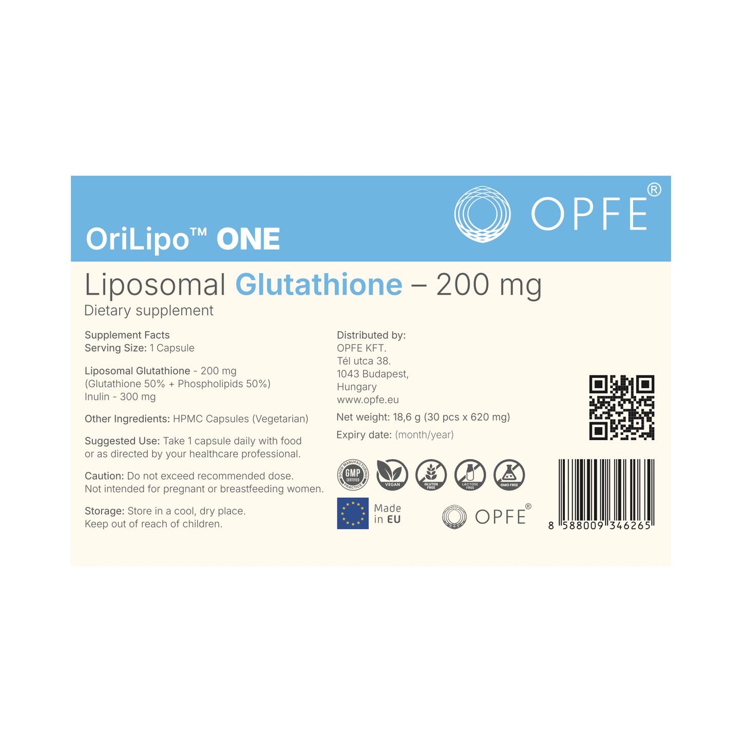 OriLipo™ ONE Liposzómás Glutation 200mg, 100% természetes gyógynövények